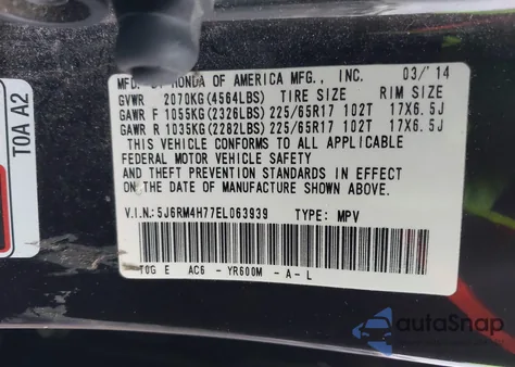 2014 Honda Cr-V Ex-L from USA, damaged, VIN 5J6RM4H77EL063939